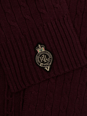 Crest-Patch Burgundy Cable Knit Scarf
