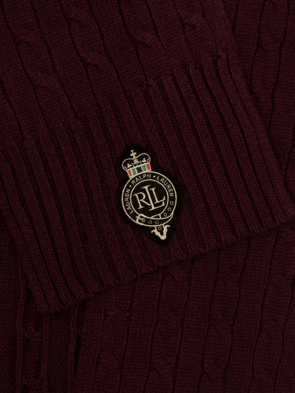 Crest-Patch Burgundy Cable Knit Scarf