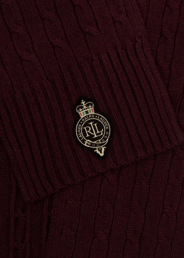 Crest-Patch Burgundy Cable Knit Scarf