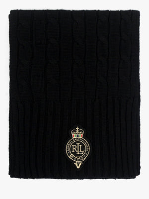 Crest-Patch Black Cable Knit Scarf