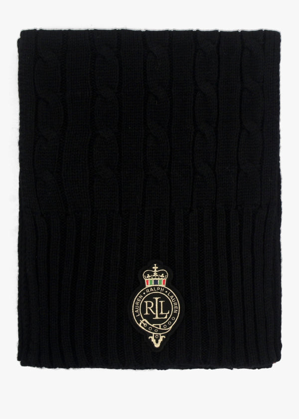 Crest-Patch Black Cable Knit Scarf