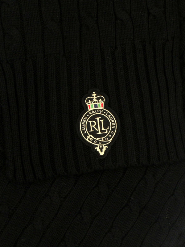 Crest-Patch Black Cable Knit Scarf