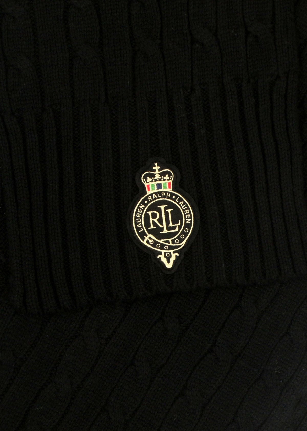 Crest-Patch Black Cable Knit Scarf