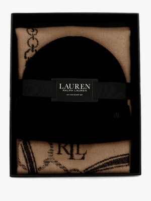 Belting-Motif Black & Camel Scarf & Beanie Gift Set