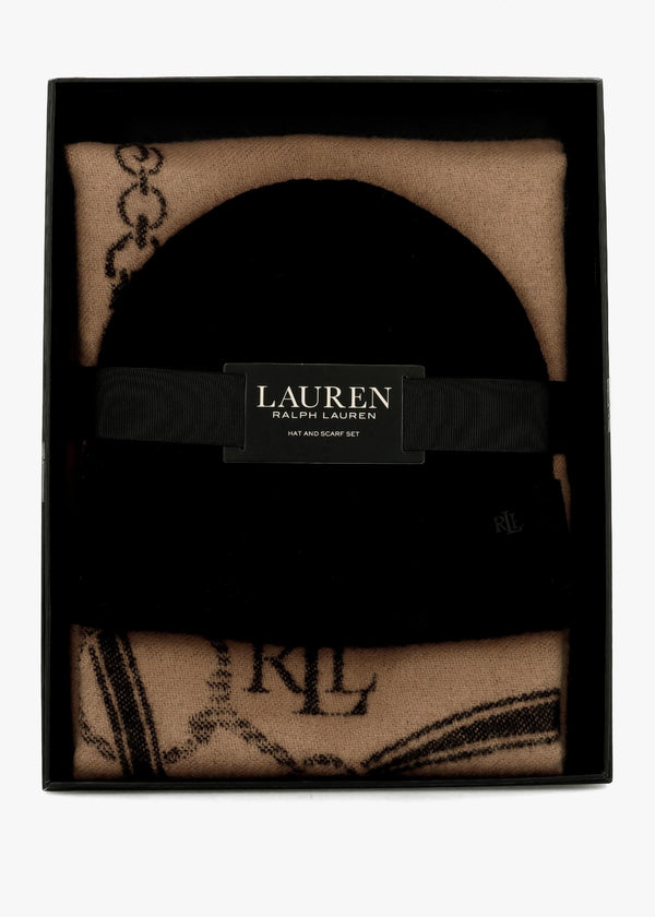 Belting-Motif Black & Camel Scarf & Beanie Gift Set