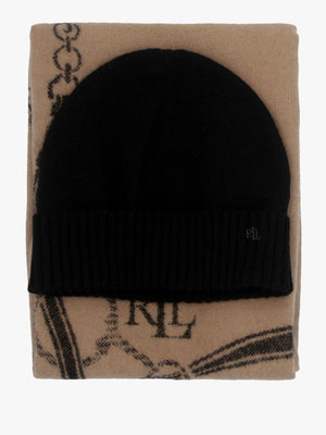 Belting-Motif Black & Camel Scarf & Beanie Gift Set