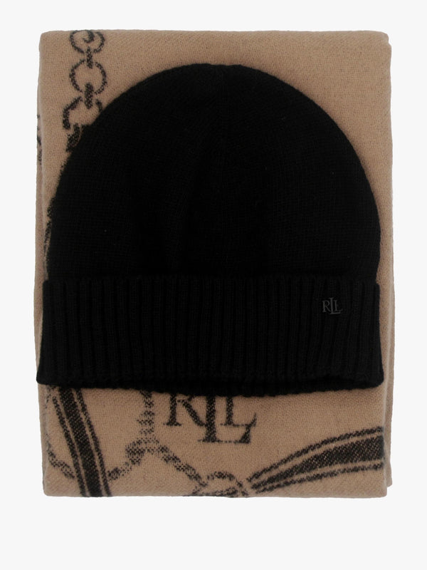 Belting-Motif Black & Camel Scarf & Beanie Gift Set