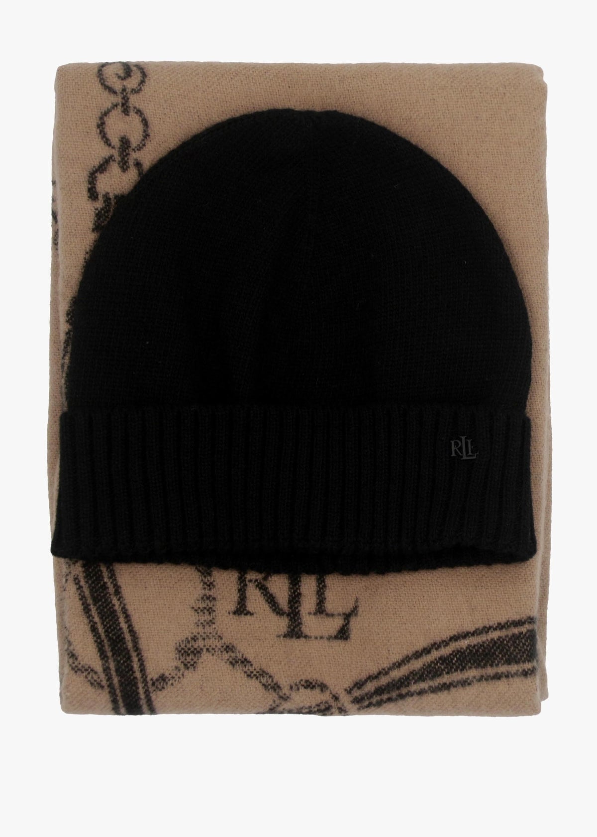 Belting-Motif Black & Camel Scarf & Beanie Gift Set