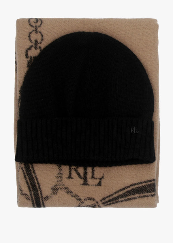 Belting-Motif Black & Camel Scarf & Beanie Gift Set