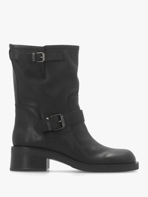 Naomi Black Leather Double Buckle Biker Boots