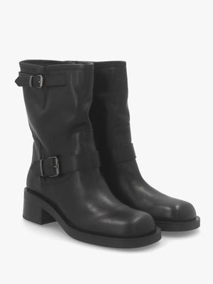 Naomi Black Leather Double Buckle Biker Boots