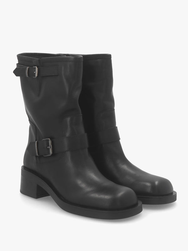 Naomi Black Leather Double Buckle Biker Boots