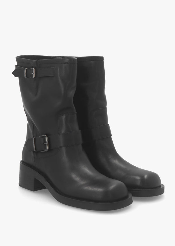 Naomi Black Leather Double Buckle Biker Boots