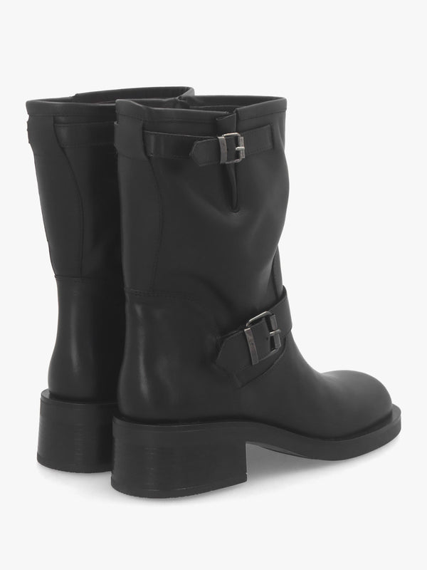 Naomi Black Leather Double Buckle Biker Boots