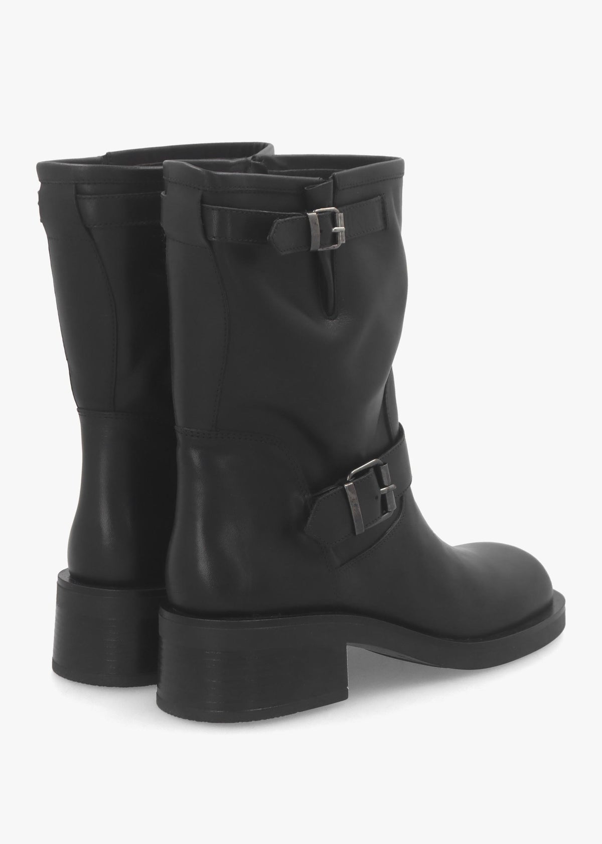 Naomi Black Leather Double Buckle Biker Boots