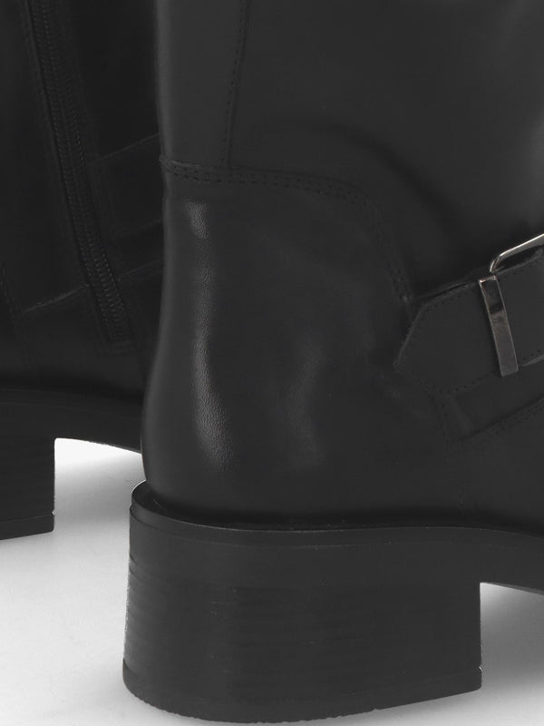Naomi Black Leather Double Buckle Biker Boots