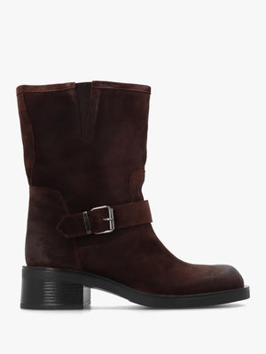 Naomi Brown Suede Buckle Biker Boots