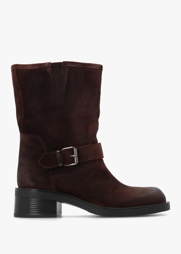 Naomi Brown Suede Buckle Biker Boots