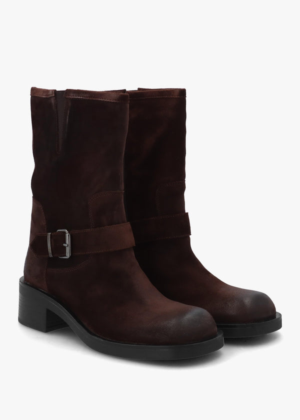 Naomi Brown Suede Buckle Biker Boots