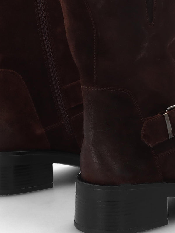 Naomi Brown Suede Buckle Biker Boots