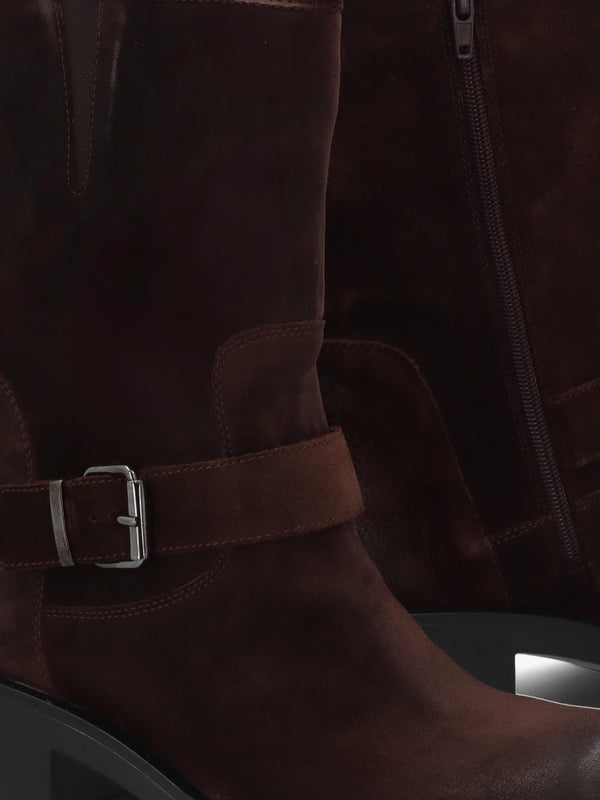 Naomi Brown Suede Buckle Biker Boots