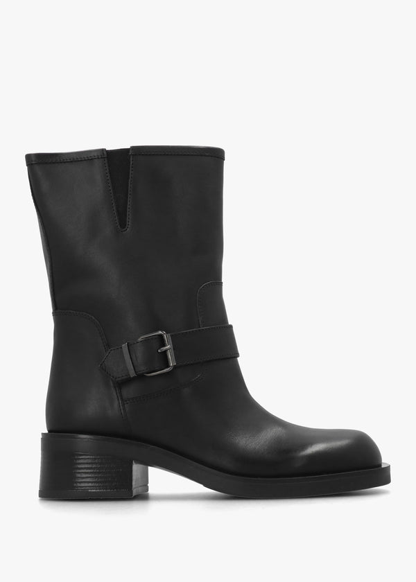 Naomi Black Leather Buckle Biker Boots