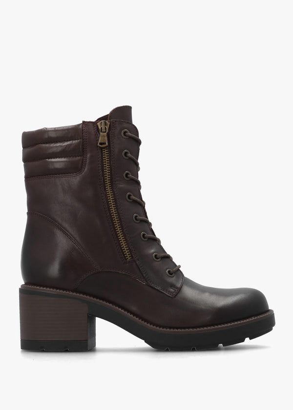 Carola Brown Leather Lace Up Block Heel Ankle Boots