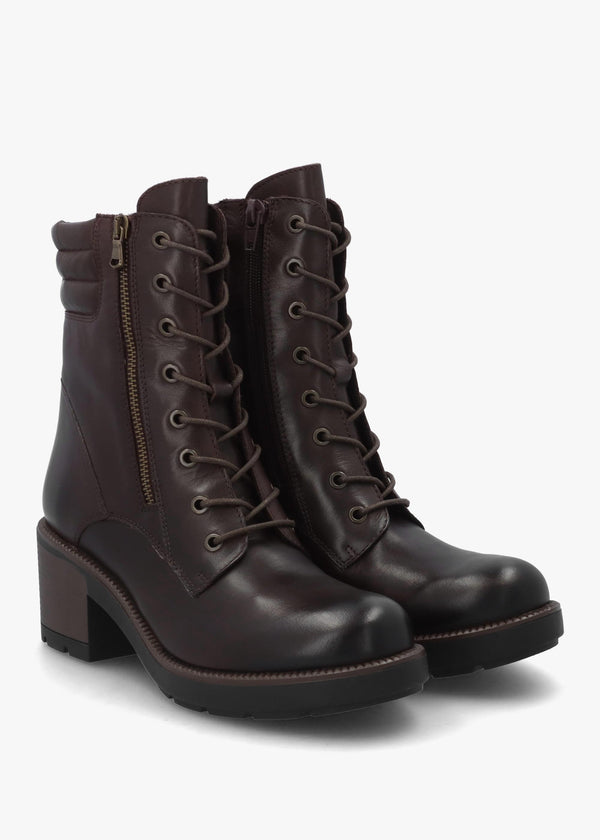 Carola Brown Leather Lace Up Block Heel Ankle Boots