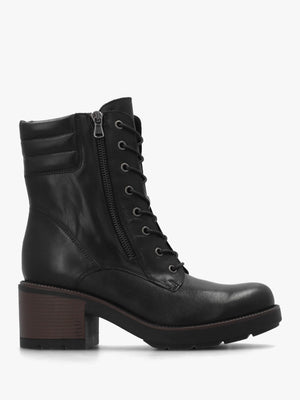 Carola Black Leather Lace Up Block Heel Ankle Boots