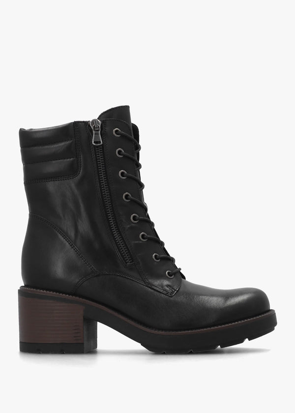 Carola Black Leather Lace Up Block Heel Ankle Boots