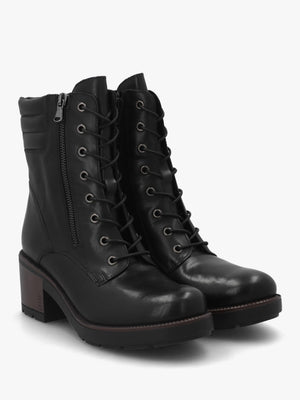 Carola Black Leather Lace Up Block Heel Ankle Boots