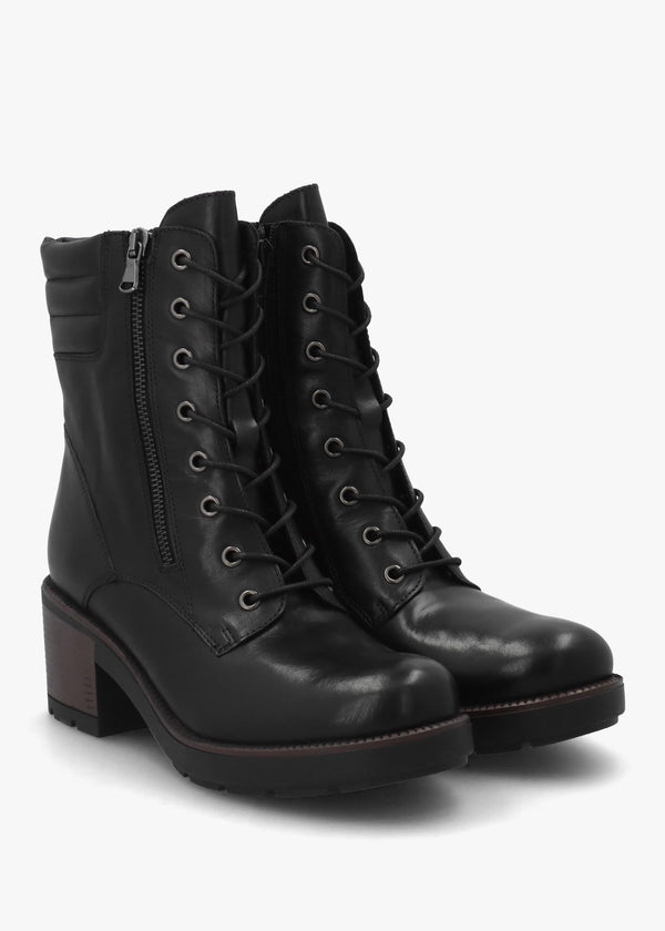 Carola Black Leather Lace Up Block Heel Ankle Boots