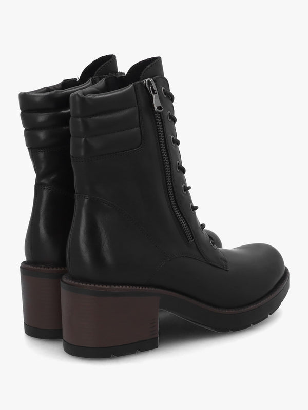 Carola Black Leather Lace Up Block Heel Ankle Boots