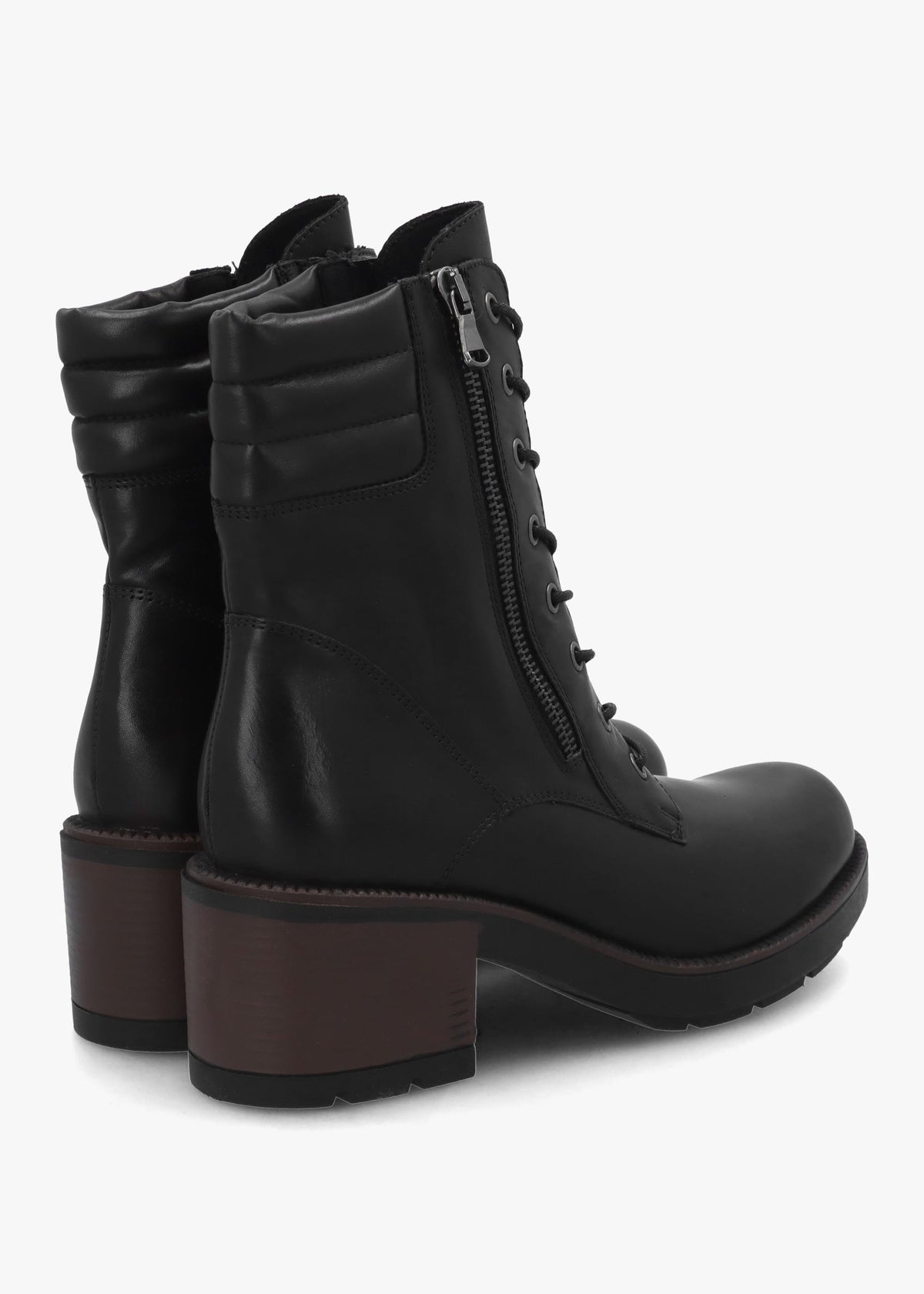 Carola Black Leather Lace Up Block Heel Ankle Boots