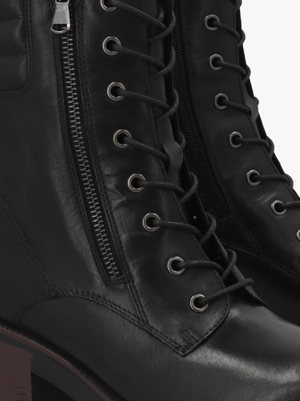 Carola Black Leather Lace Up Block Heel Ankle Boots