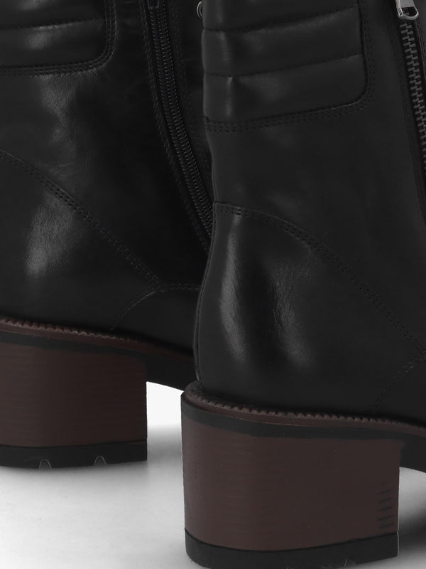 Carola Black Leather Lace Up Block Heel Ankle Boots