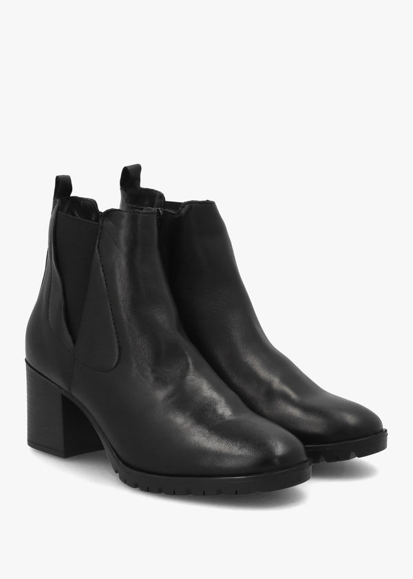 Linda Black Leather Block Heel Ankle Boots