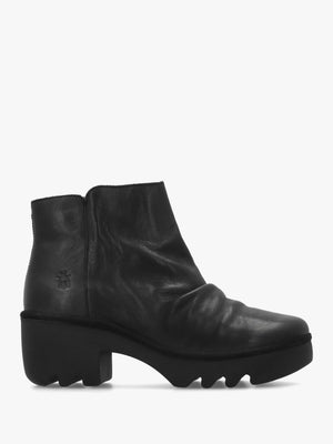 Tulp Black Leather Rouched Block Heel Ankle Boots