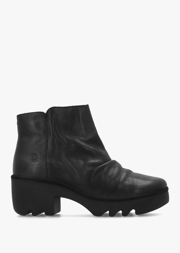 Tulp Black Leather Rouched Block Heel Ankle Boots