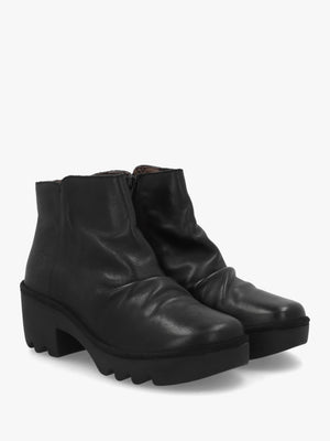 Tulp Black Leather Rouched Block Heel Ankle Boots