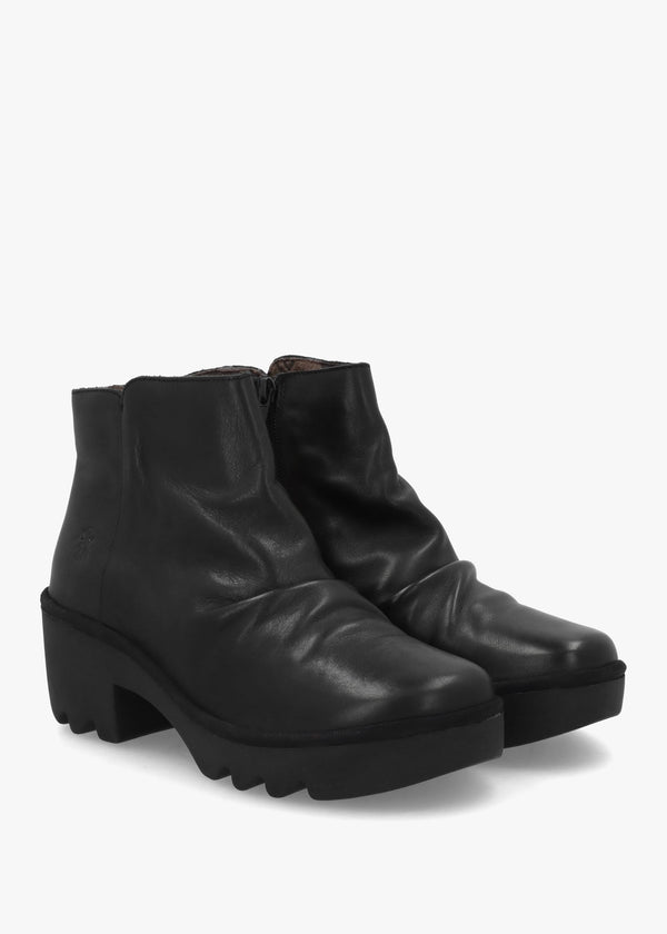 Tulp Black Leather Rouched Block Heel Ankle Boots
