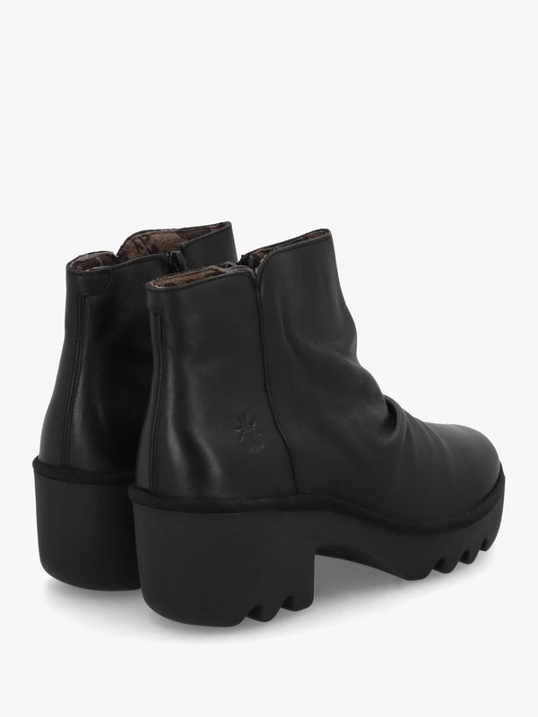 Tulp Black Leather Rouched Block Heel Ankle Boots