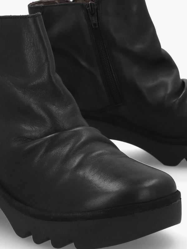 Tulp Black Leather Rouched Block Heel Ankle Boots