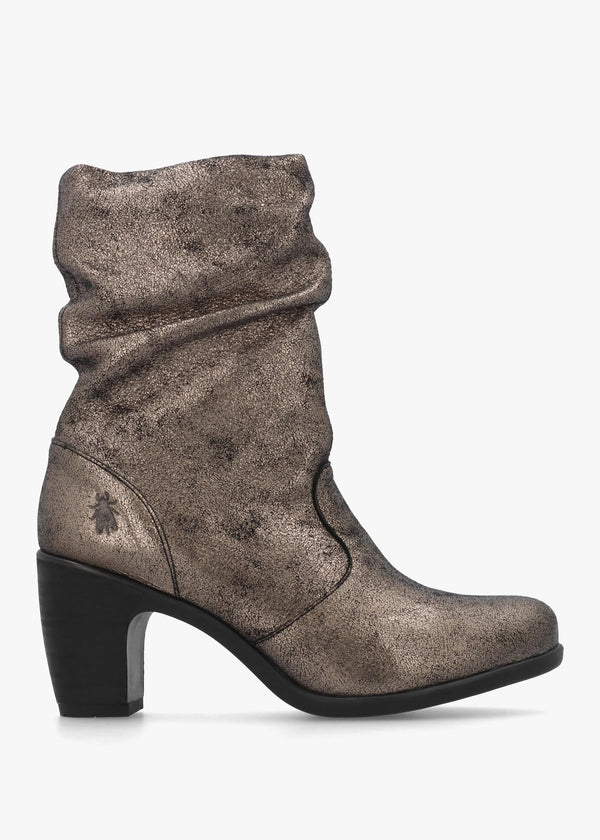 Klei Cool Graphite Leather Rouched Block Heel Ankle Boots