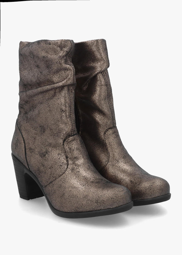 Klei Cool Graphite Leather Rouched Block Heel Ankle Boots