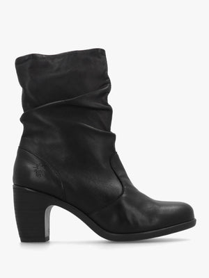 Klei Black Leather Rouched Block Heel Ankle Boots