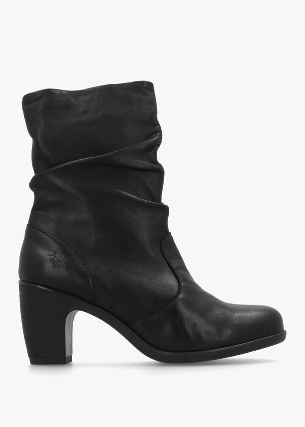 Klei Black Leather Rouched Block Heel Ankle Boots
