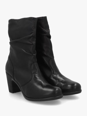 Klei Black Leather Rouched Block Heel Ankle Boots