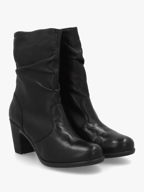 Klei Black Leather Rouched Block Heel Ankle Boots
