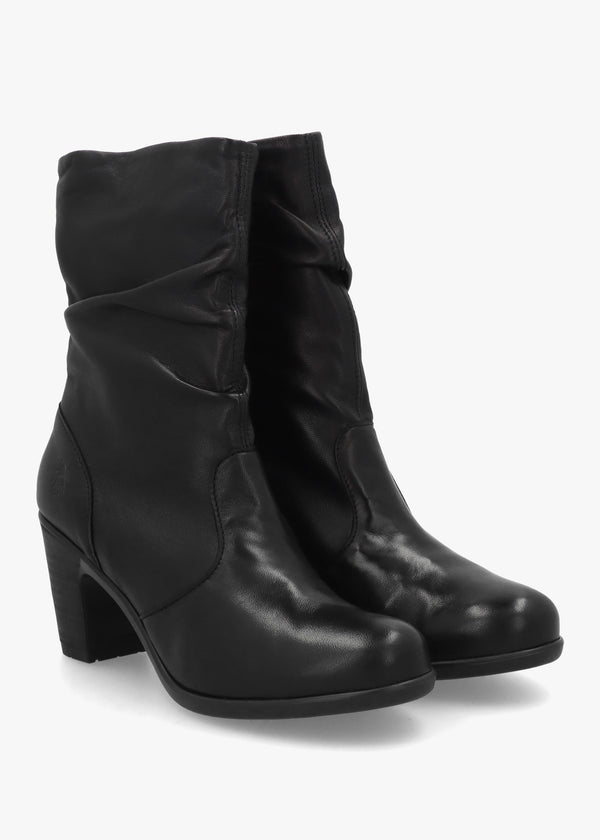 Klei Black Leather Rouched Block Heel Ankle Boots
